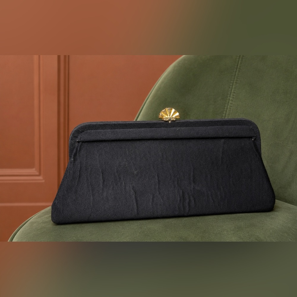 Vintage Clutch Long Black Fabric Purse Faux Gold Tone Fan Clasp